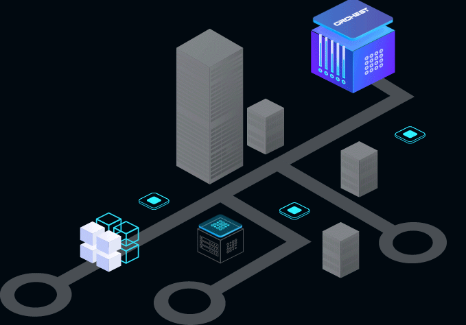 A blue line connects a purple Orchest cube with a set of white and transparent cubes on a circuit board